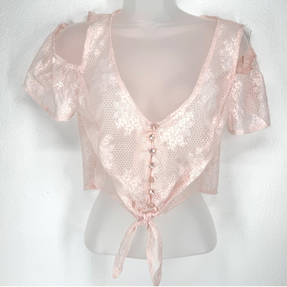 Charlotte Russe Pink Floral Sheer Lace Tie Crop Top Medium Coquette Regency Boho